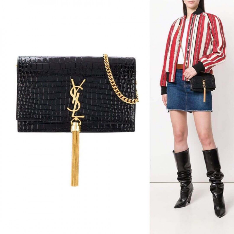 YSL Saint Laurent Kate Chain carteira com borla em couro com gravação em crocodilo 452159